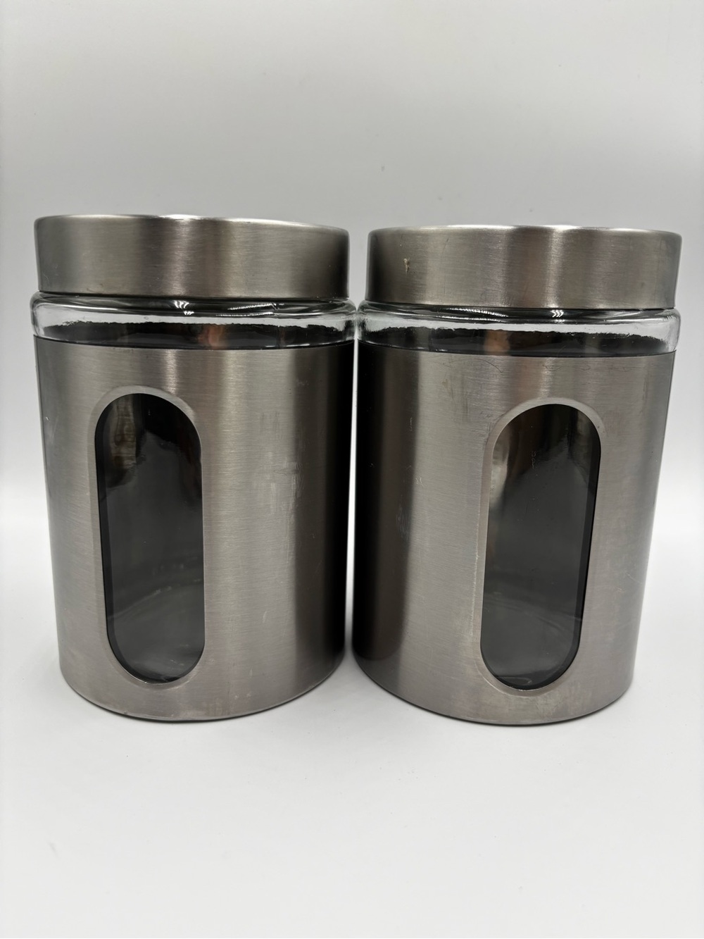(2) Dunkin Donuts Stainless Steel/Glass Coffee Canister W Lids Container 64oz
